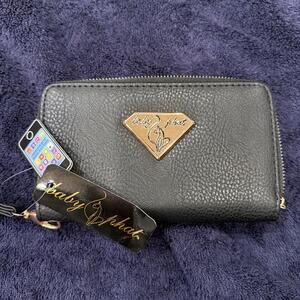 NEW WT WOMEN'S BABY PHAT ZIP AROUND WALLET WRISTLET BLACK LEATHER LIKE GOLD